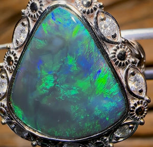 14k White Gold - Solid Lightning Ridge Black Opal Ring