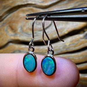 Sterling Silver - Australian Boulder Opal Doublet Hook Earrings Blue/Green. BULK LISTING