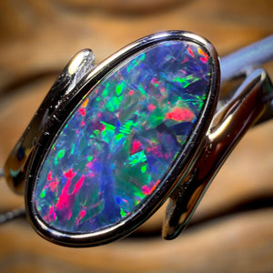 Sterling Silver - Queensland Boulder Opal Doublet Ring Top Top Red Multi