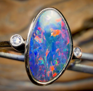 14k Gold - Queensland Boulder Opal Doublet Ring Top Fire Red Multi
