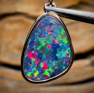 14k Gold - Queensland Boulder Opal Doublet Pendant Top Red Multi Fire New 2026 Diamonds
