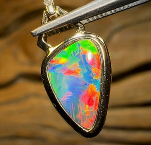 14k Yellow Gold and Diamond - Top Quality Boulder Doublet Opal Pendant - Opal Whisperers