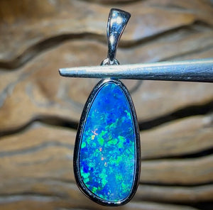 Sterling Silver - Large Queensland Boulder Opal Doublet Pendant Best Blue Green - Opal Whisperers