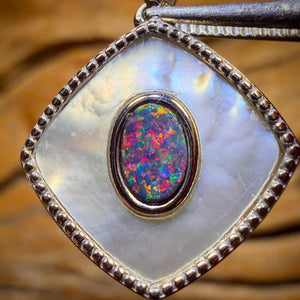 Sterling Silver - NEW DESIGN Queensland Boulder Opal Doublet and Mother Of Pearl Pendant. ONLY ONE IN RED FIRE