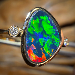 14k Gold - Rainbow Magic Queensland Boulder Opal Doublet Ring Top Multicolour