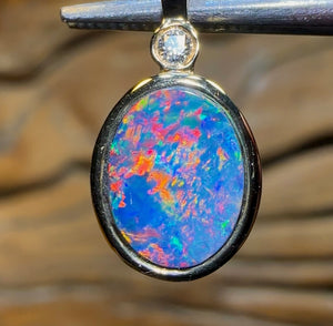 14k Gold - Queensland Boulder Opal Doublet Pendant with Diamond - Opal Whisperers