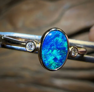 14k Gold - Queensland Boulder Doublet Opal Ring with Diamonds - Opal Whisperers