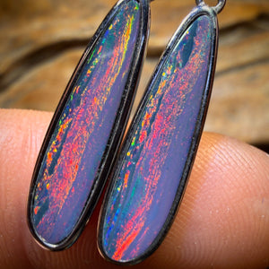 Sterling Silver - Australian Boulder Opal Doublet Drop Stud Earrings. Best Big Red Multicolour