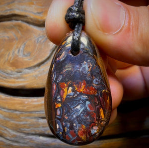 40 x 24mm - “Flames surround it” Drilled Boulder Opal Pendant w/ Eco Friendly Vegan Cord
