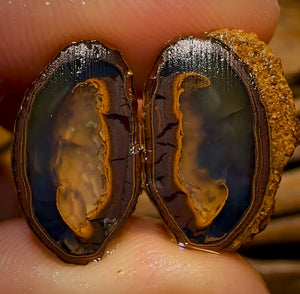 28.1cts - Yowah Nut Crystal Centre Rough Pair with Suspended Black Crystal Fire Highlights