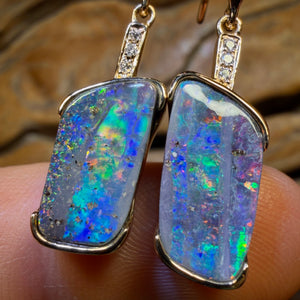 18k Gold - Unique Solid Australian Boulder Opal Splits Hook Earrings Top Red Multi Colour with Diamonds