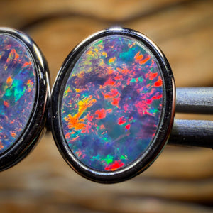 Sterling Silver - Australian Boulder Opal Doublet Stud Earrings. Best Red Earrings