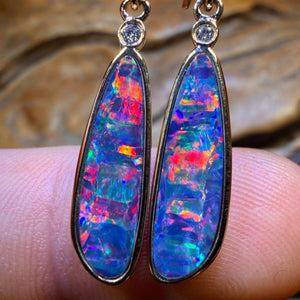 TGIF 14k Gold - “As Good As It Gets” Top Red Multi Australian Boulder Opal Doublet and Diamond Hook Earrings