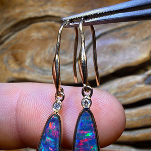 TGIF 14k Gold - “As Good As It Gets” Top Red Multi Australian Boulder Opal Doublet and Diamond Hook Earrings