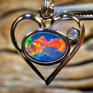 TGIF 14k Gold - “Sweetheart” Queensland Boulder Opal Doublet and Diamond Pendant Fire Red