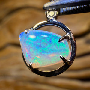 TGIF 14k White Gold - Solid South Australian Crystal Opal Pendant With Diamond