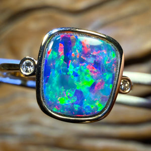 TGIF 10k Gold - Rainbow Magic Queensland Boulder Opal Doublet & Diamond Ring Top Multicolour