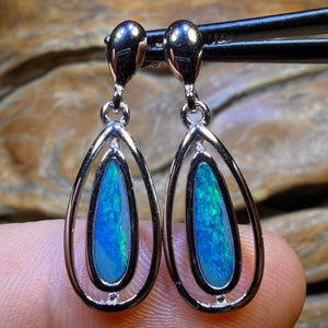 Sterling Silver - Australian Boulder Opal Doublet Drop Stud Earrings