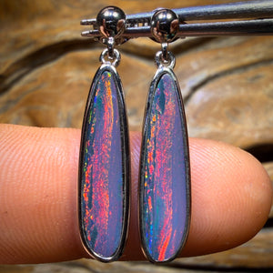 Sterling Silver - Australian Boulder Opal Doublet Drop Stud Earrings. Red Multicolour