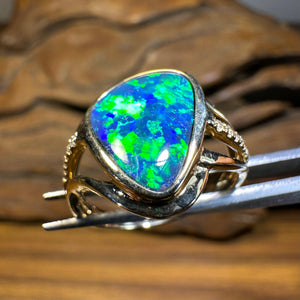 14k Gold Large Boulder Doublet Opal Ring with Diamonds - Opal Whisperers