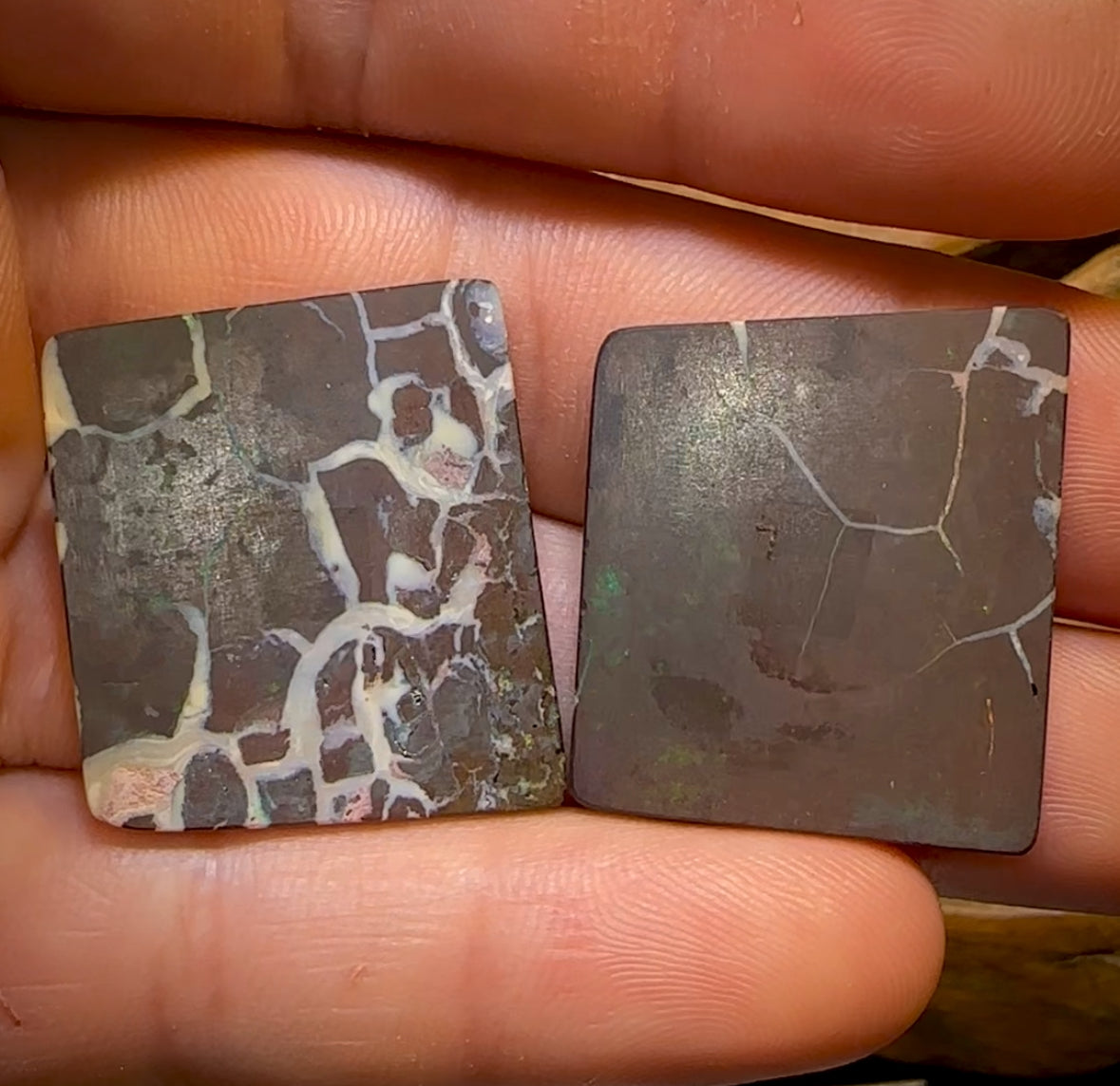 35.8cts - “Lightning out of Darkness” Koroit Nut Opal Matching Pair. TRIBAL PATTERN