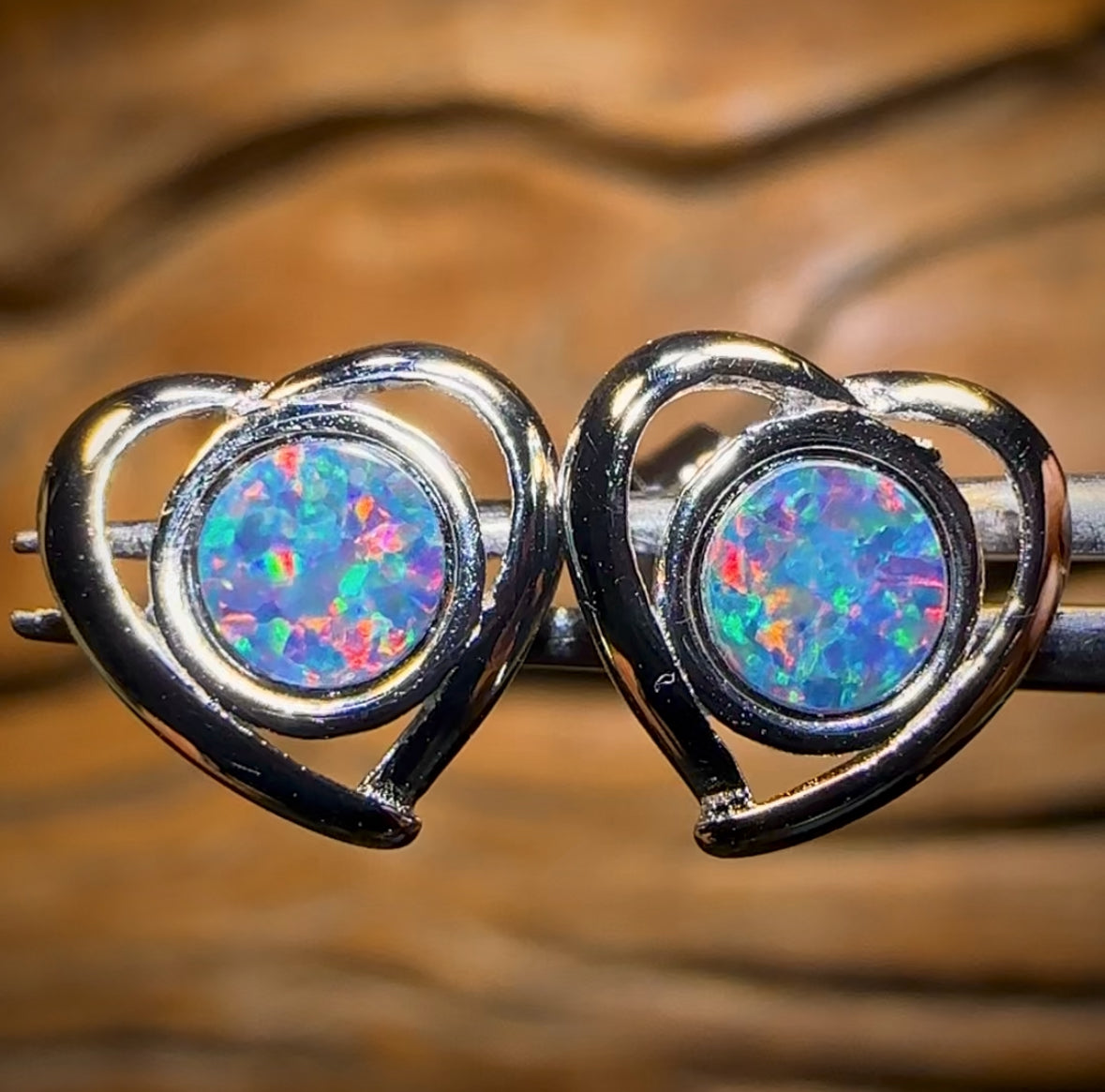 Sterling Silver - Australian Boulder Opal Doublet Heart Stud Earrings Red/Multi. Bulk Listing