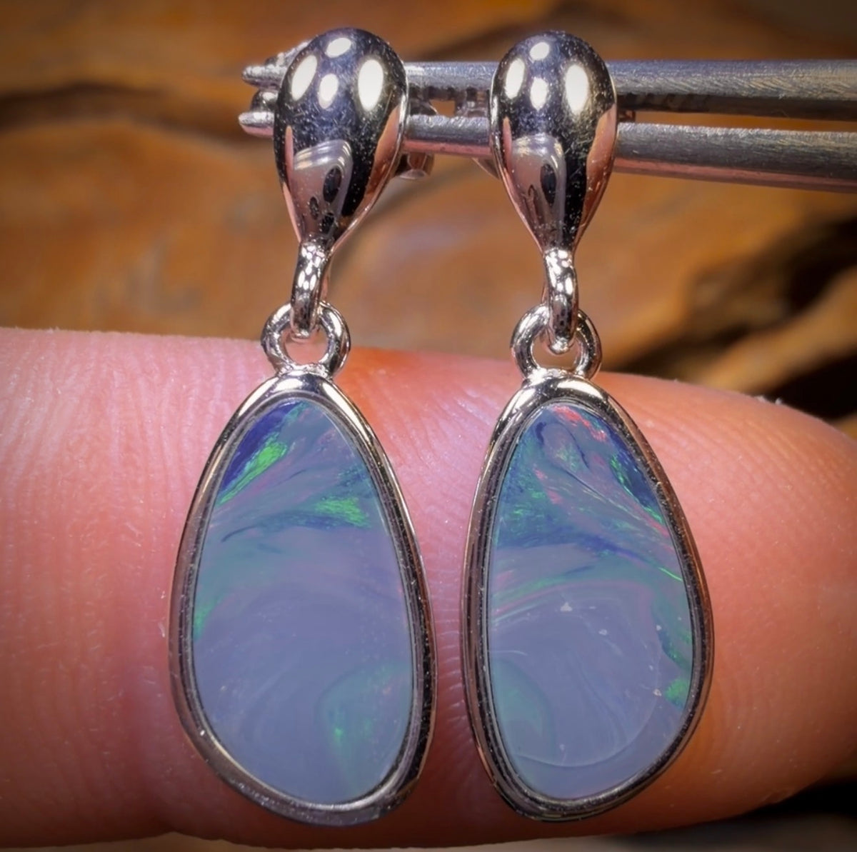 Sterling Silver - Australian Boulder Opal Doublet Drop Stud Earrings