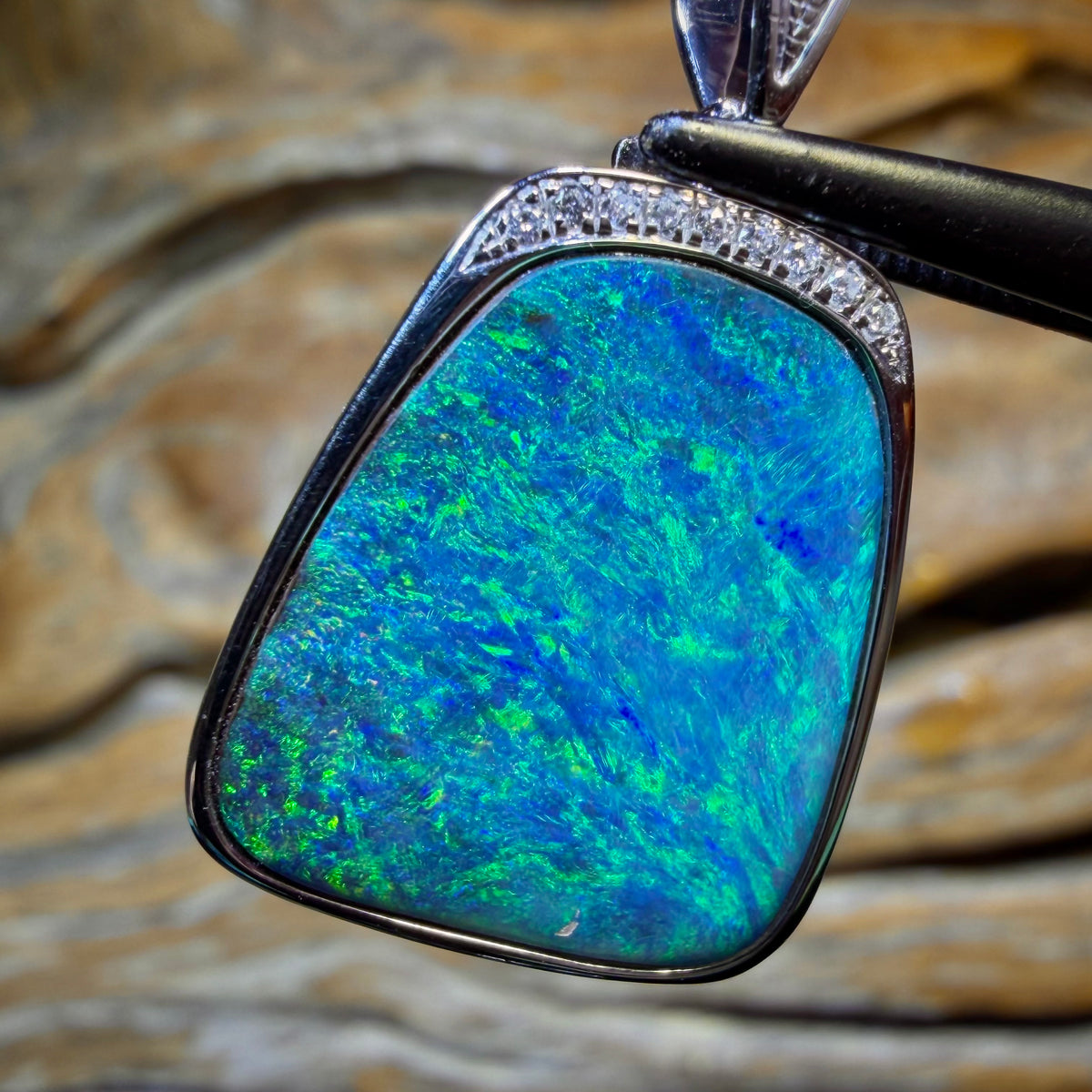 TGIF 10k White Gold - Solid Top Scandinavian Aka Ice Blue, Queensland Boulder Opal Pendant w/ Diamonds