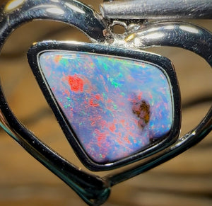 Sterling Silver - SOLID Australian Boulder Opal Pendant with Red, Orange