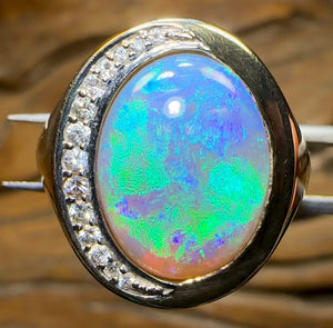 9k Gold - Large Solid Lightning Ridge Crystal Opal Ring with Diamonds Heritage Collection - Opal Whisperers