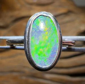 Sterling Silver - Green and Gold Solid Lightning Ridge Black Opal Ring - Opal Whisperers