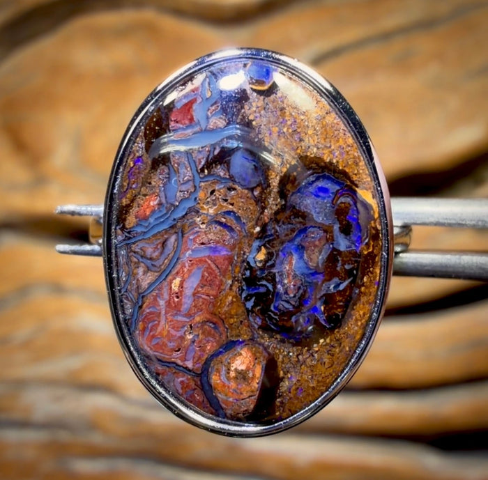 Schnäppchenkarte! Sterling Silber – massiver Tribal Boulder Opal Ring