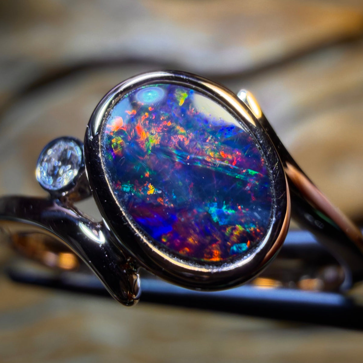 10k Rose Gold - Queensland Boulder Opal Top Red Multi Doublet Diamond Ring
