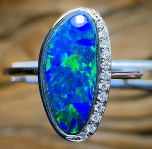 14k White Gold - Queensland Boulder Opal Doublet Ring with Diamonds - Opal Whisperers