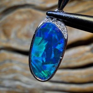 14k White Gold - Queensland Boulder Opal Doublet and Diamond Pendant