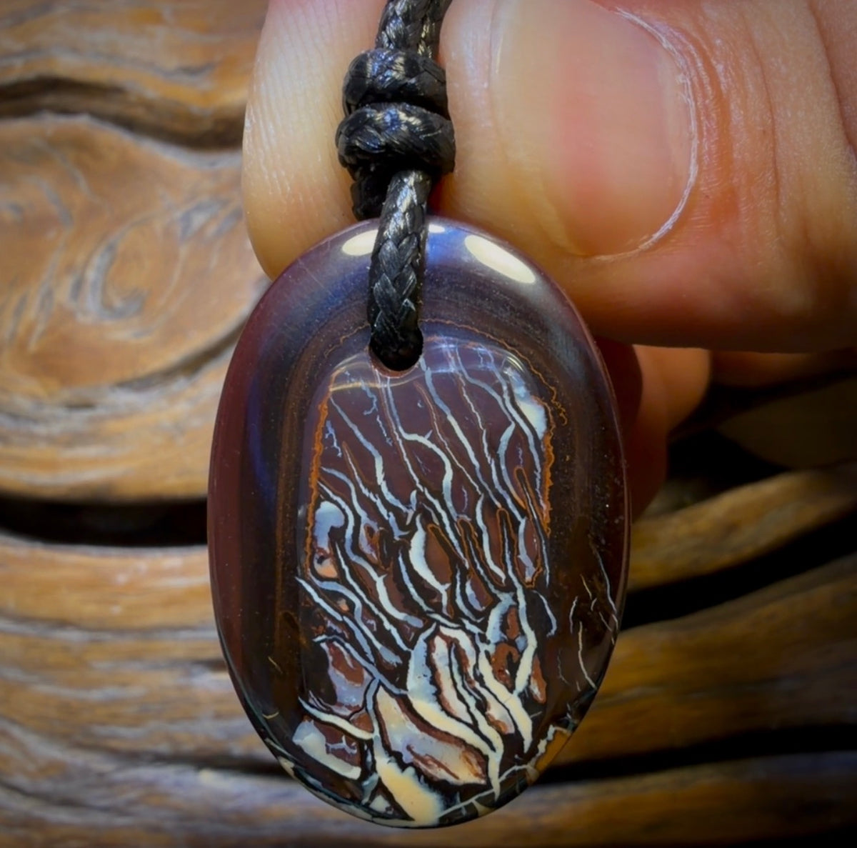 33 x 23mm - Tribal Flames Drilled Boulder Opal Pendant w/ Eco Friendly Vegan Cord