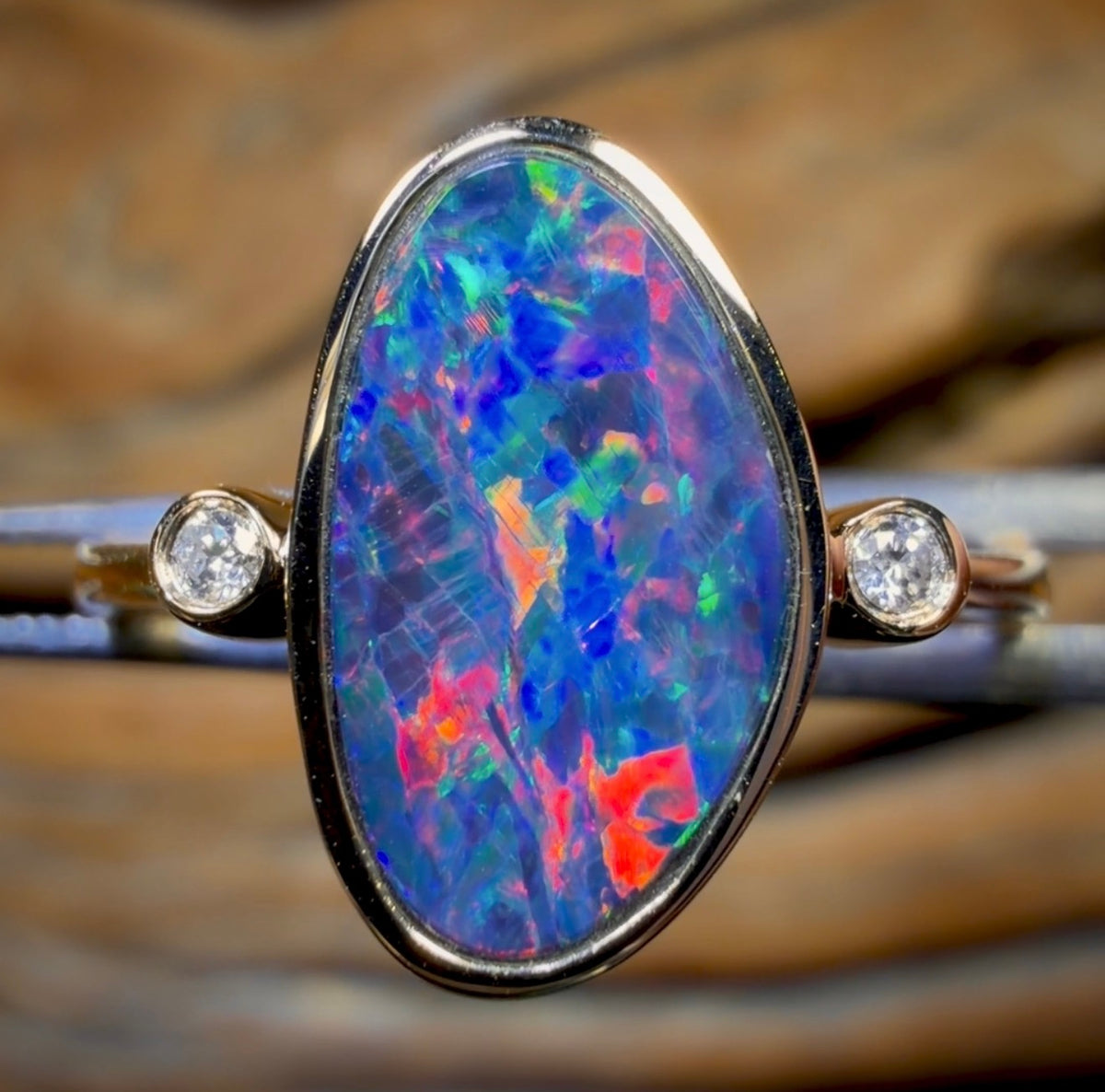 14k Gold - Queensland Boulder Opal Doublet Ring Top Fire Red Multi