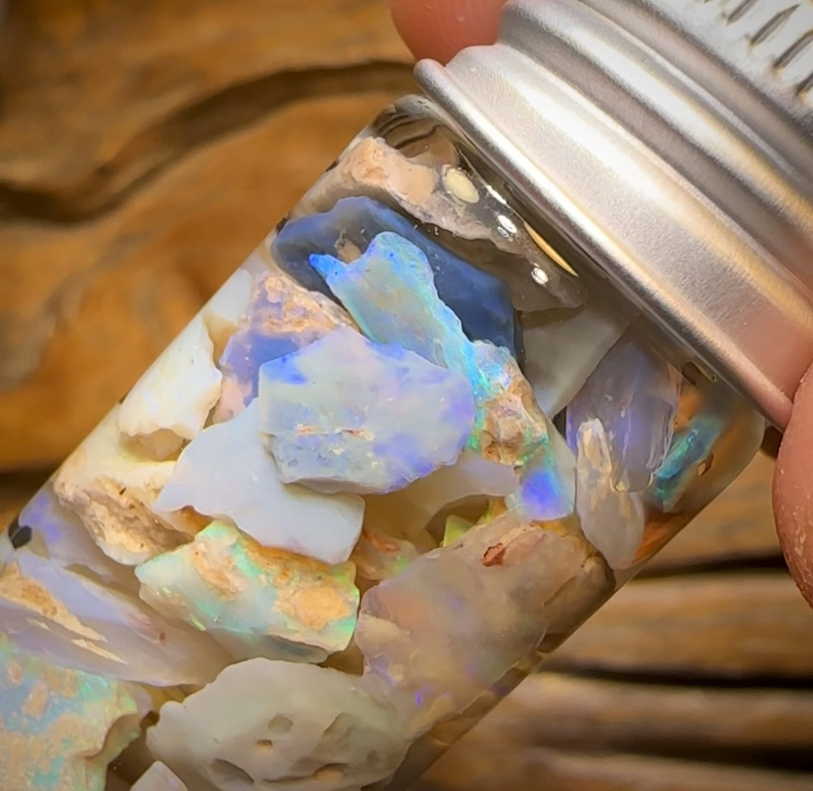 62.7cts - Rare Mintabie Rough Opal Vial. South Australian Opal