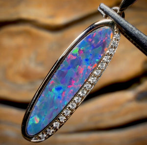 14k Gold - Queensland Boulder Opal Doublet Pendant Top Red Multi Fire with Diamonds New 2026