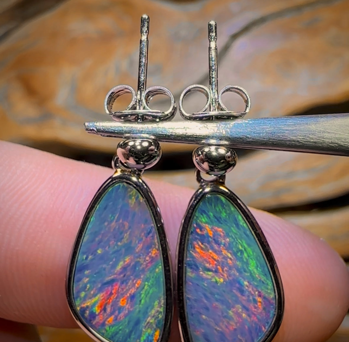 Sterling Silver - Australian Boulder Opal Doublet Drop Stud Earrings