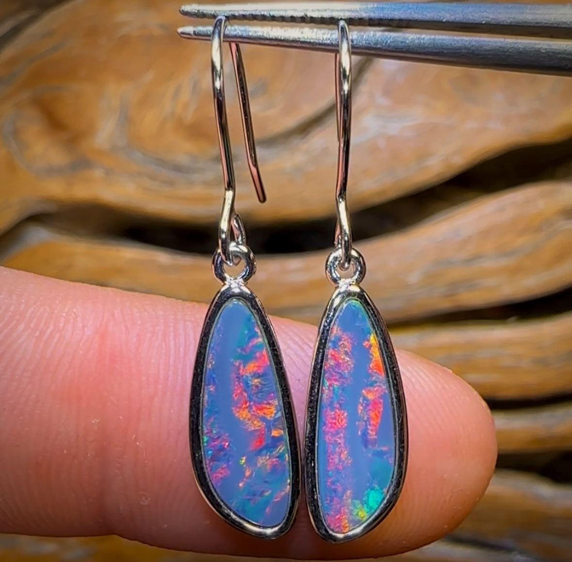 Sterling Silver - Top Australian Boulder Opal Doublet Hook Earrings with Red