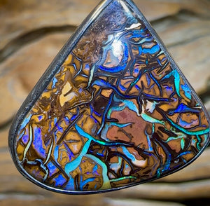 Sterling Silver - SOLID Australian Tribal Pattern Boulder Opal Pendant Hand Made