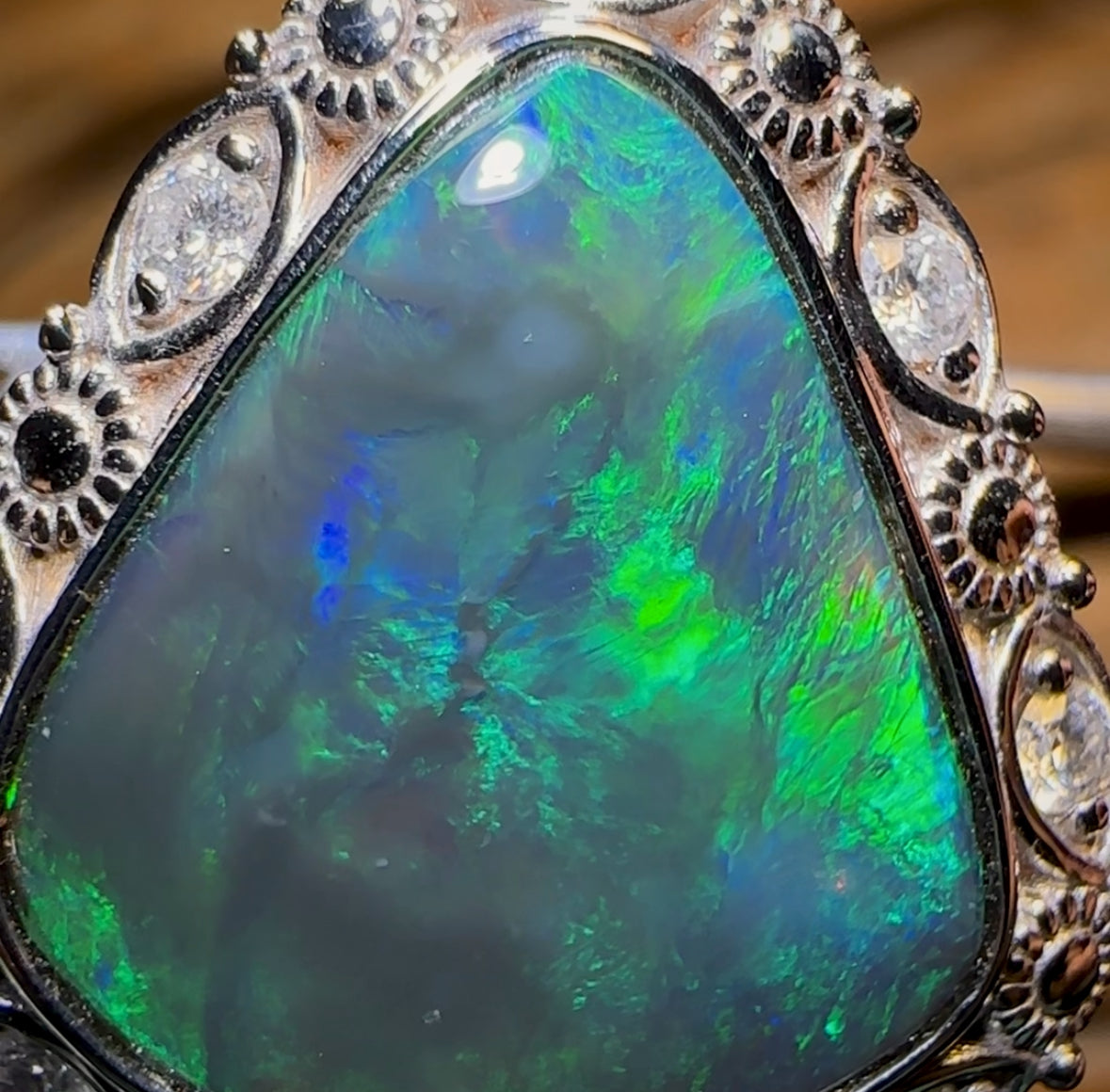 14k White Gold - Solid Lightning Ridge Black Opal Ring