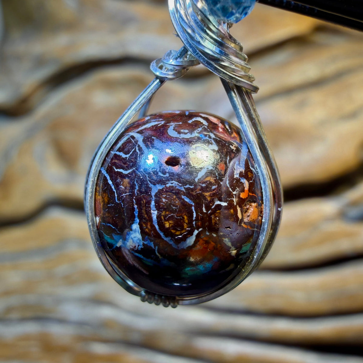 TGIF Sterling Silver - Yowah Nut Opal Bead Pendant with Blue Topaz