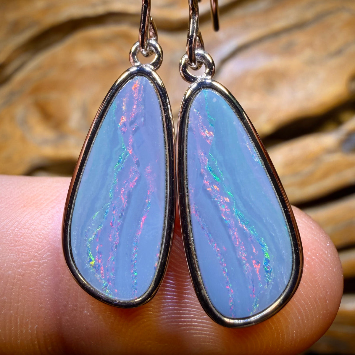 Sterling Silver - Large Australian Boulder Opal Doublet Hook Earrings Red / Multi. BULK LISTING