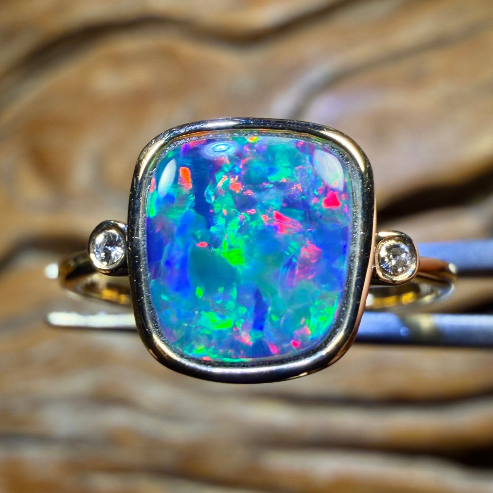 10k Gold - Rainbow Magic Queensland Boulder Opal Doublet & Diamond Ring Top Multicolour