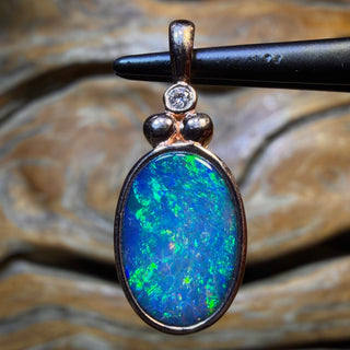 10k Rose Gold - NEW Isaac Design Lightning Ridge Opal Doublet Diamond Pendant