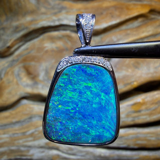 TGIF 10k White Gold - Solid Top Scandinavian Aka Ice Blue, Queensland Boulder Opal Pendant w/ Diamonds