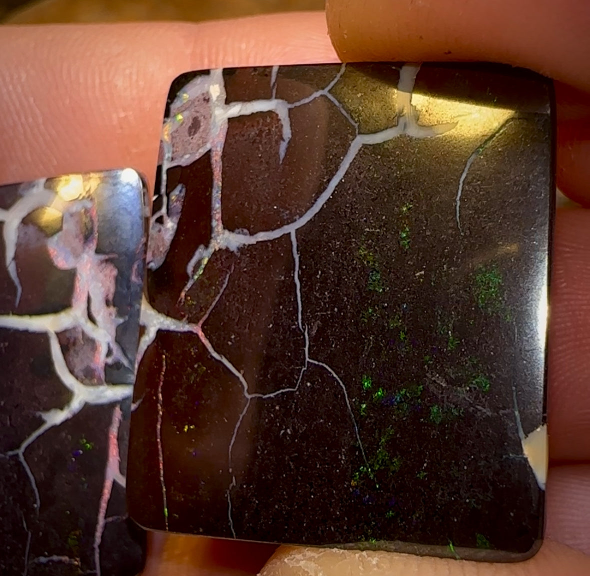 35.8cts - “Lightning out of Darkness” Koroit Nut Opal Matching Pair. TRIBAL PATTERN