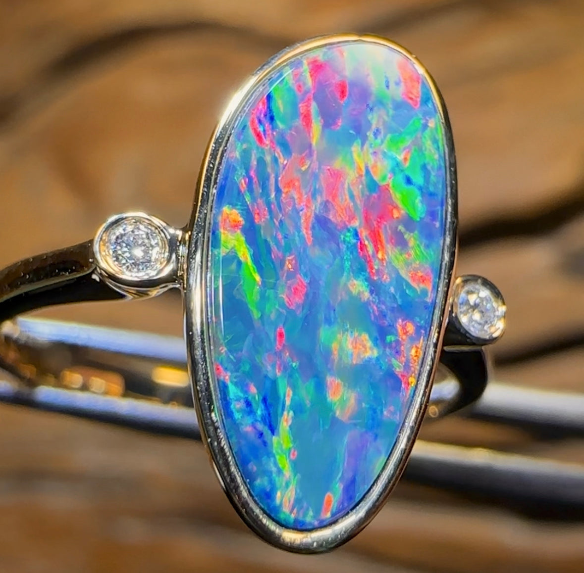 14k Gold - Queensland Boulder Doublet Opal Ring with Diamonds - Opal Whisperers